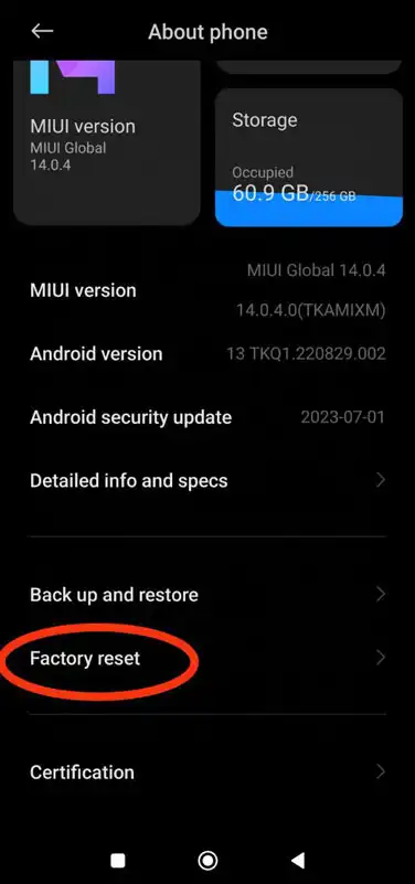 ریست فکتوری گوشی شیائومی